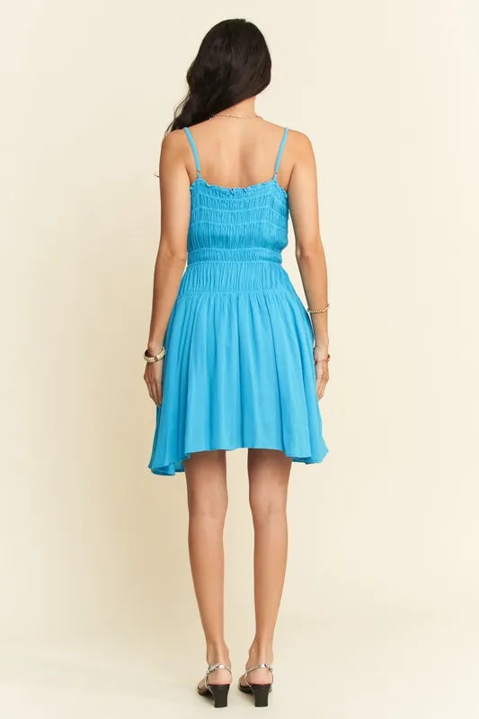 Smocking Bodice Sleeveless Button Down Mini Dress in Azure - product view 10