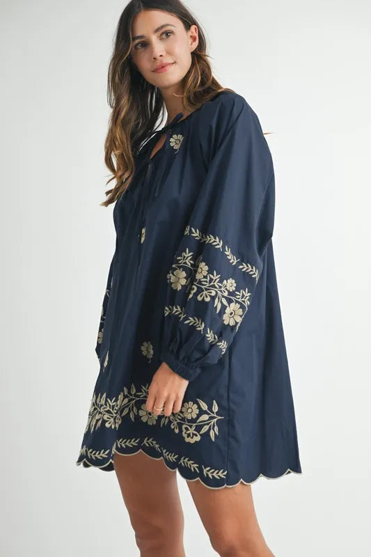 Embroidered Long Sleeve Peasant Mini Dress in Navy - product view 6