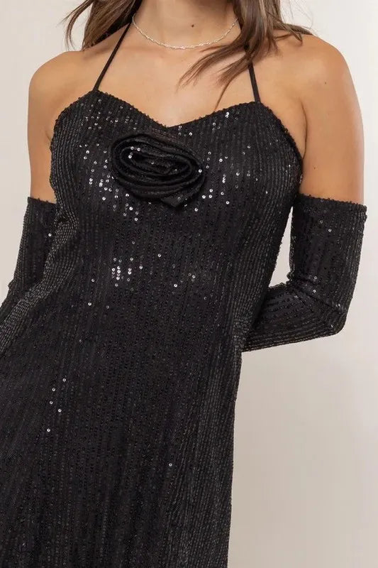 Sequin Rosette Halter Mini Dress in Black - product view 3
