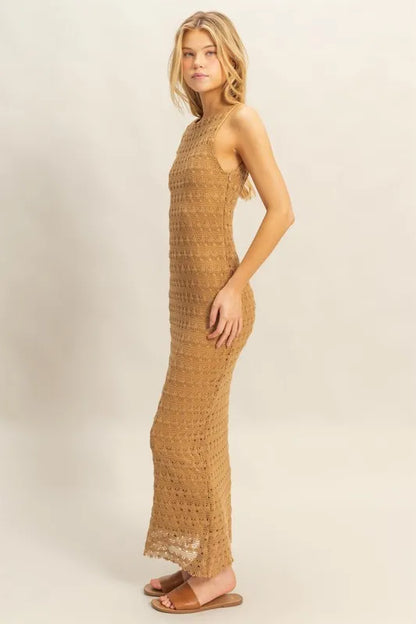 Sleeveless Crochet Open Back Maxi Dress in L.Brown - product view 2