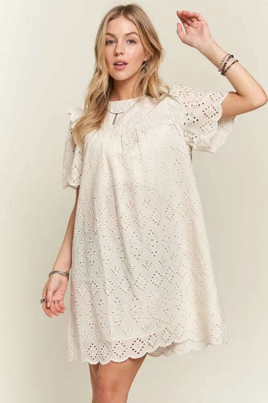 Ruffled Eyelet Round Neck Dress in Natural - product view 3