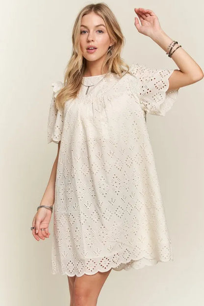 Ruffled Eyelet Round Neck Dress in Natural - product view 3