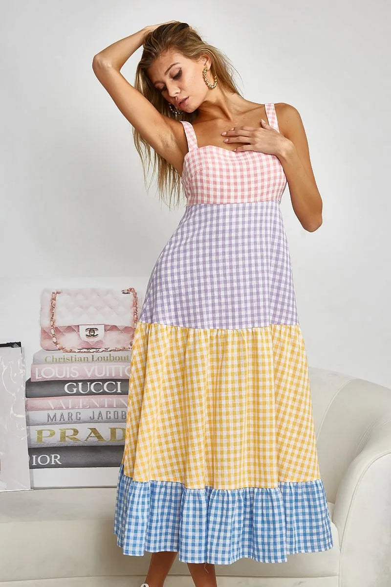 Color Block Tiered Gingham Dress in Yello/Sage/Blue/Purp - product view 5