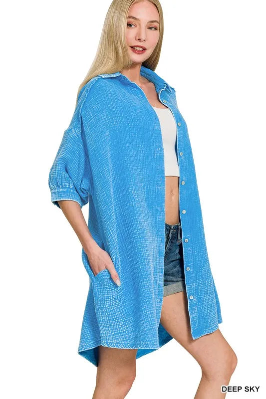 Washed Double Gauze Button Down Shirt Dress - Deep Sky - product view 2
