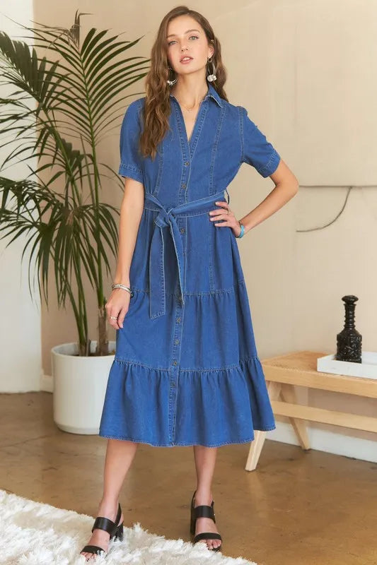 Tiered Button Down Tie Waist Short Sleeve Denim Dress in Dark - product view 8