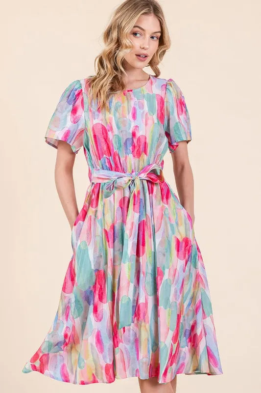 Watercolor Print Tie Front Midi Dress - Pink Combo - product view 4