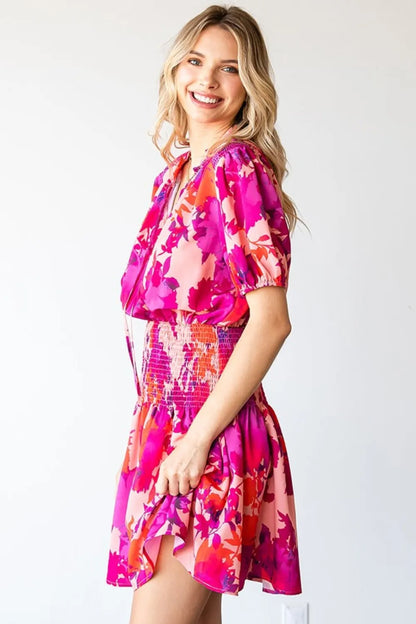 Floral Short Sleeve Smocked Mini Dress in Fuchsia Multi - product view 3
