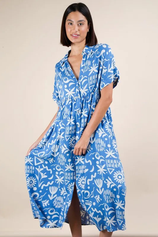 Plus Size Oversized Printed Shirt Midi Dress in Blue Mix - product view 6