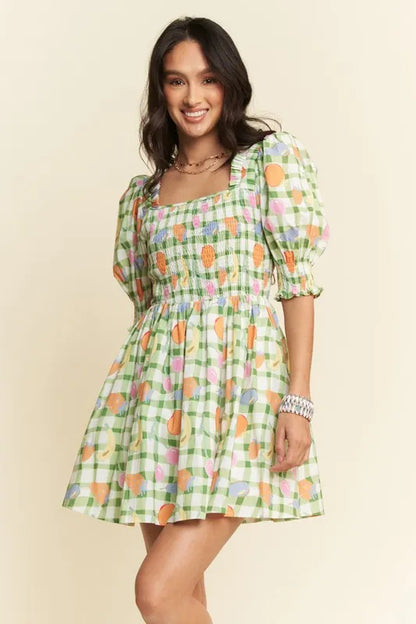Fruits Printed Smocking Mini Dress - Sage - product view 2