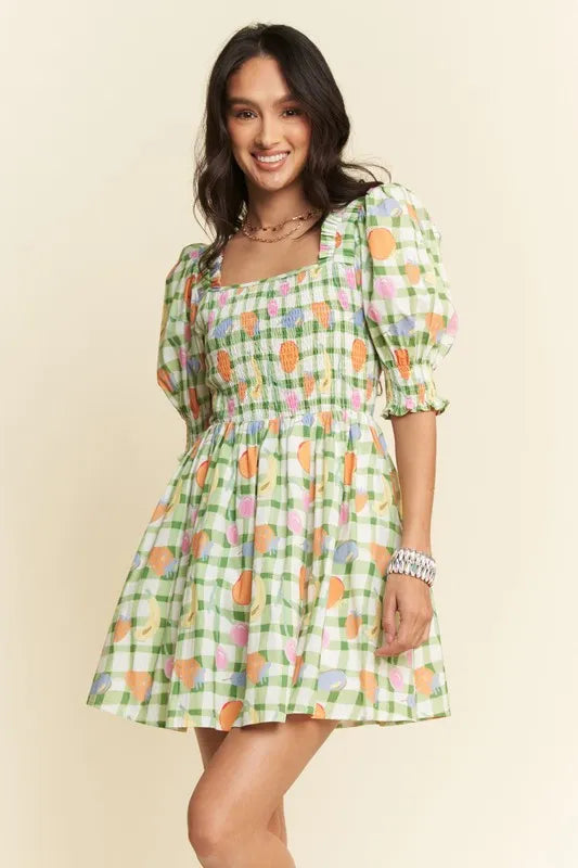 Fruits Printed Smocking Mini Dress - Sage - product view 2