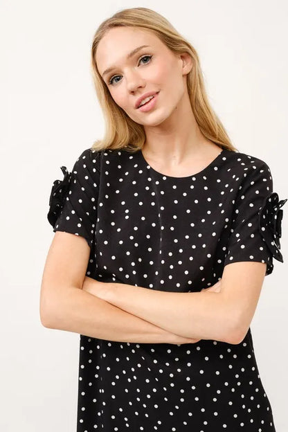 Embellished Sleeve Polka Dots Shift Dress in Black - product view 4