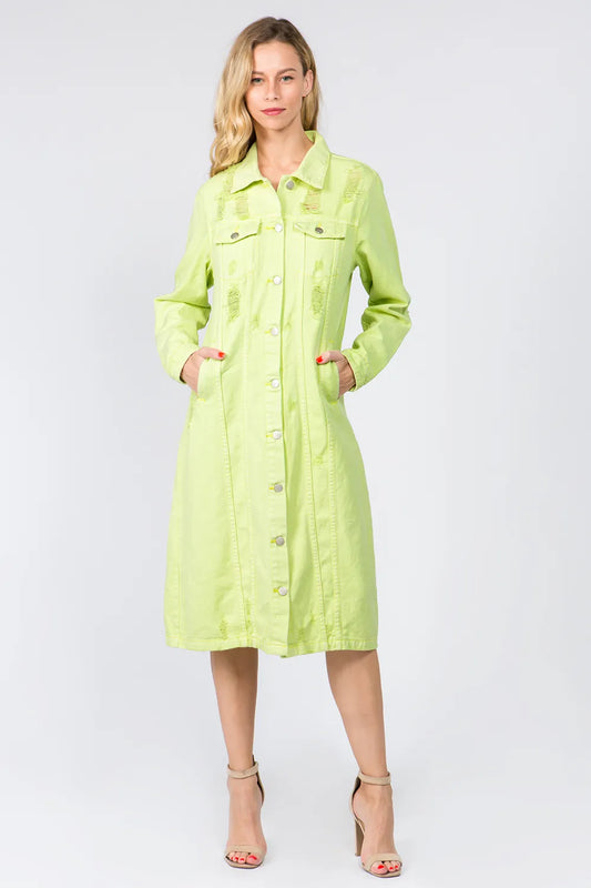 Button Up Distressed Denim Dress in Lime - product view 1
