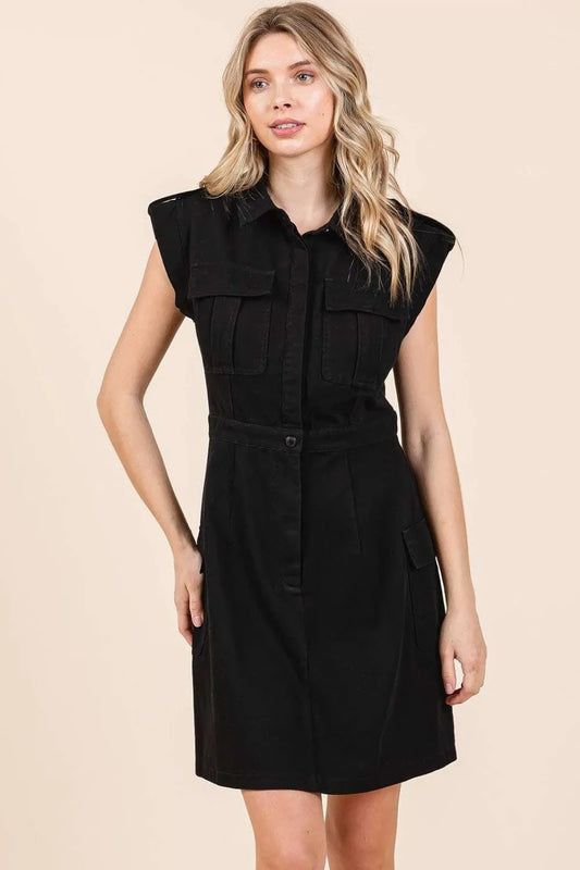 Cargo Pocket Half Button Mini Dress in Black - product view 1