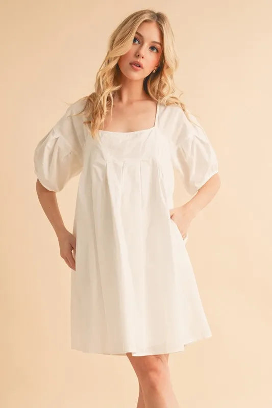 Square Neck Babydoll Dress with Pockets - White - product view 1