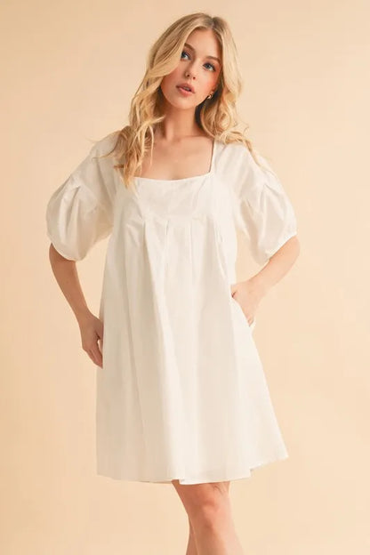 Square Neck Babydoll Dress with Pockets - White - product view 1