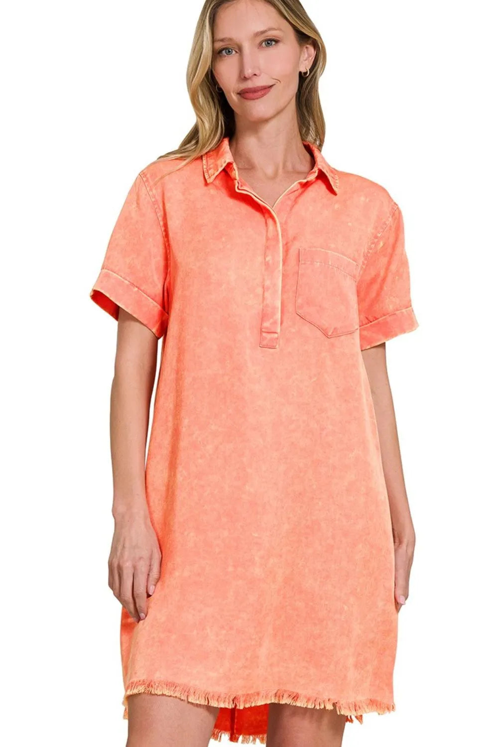 Tencel Mineral Washed Collared Shirts Dress - Coral - product view 2