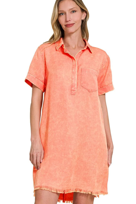 Tencel Mineral Washed Collared Shirts Dress - Coral - product view 2