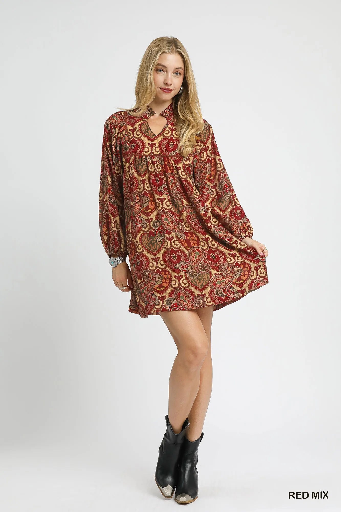 Boho Mix Paisley Babydoll Dress - Red Mix - product view 4