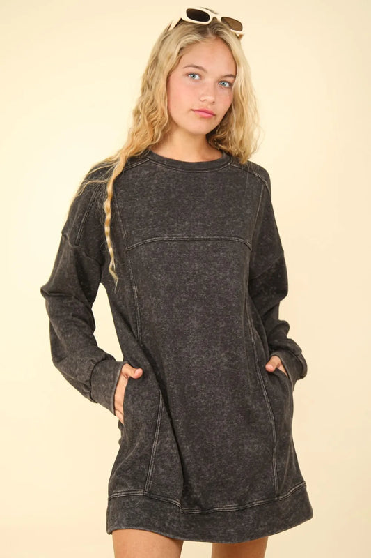Mineral Washed Oversized Sweatshirt Mini Dress - Black - product view 1