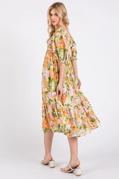 Flower Print Puff Sleeve Ruffle Smocked Midi Dress - Orange - product view 4