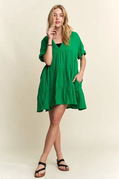 Tiered Notched Short Sleeve Dress - Green - product view 2