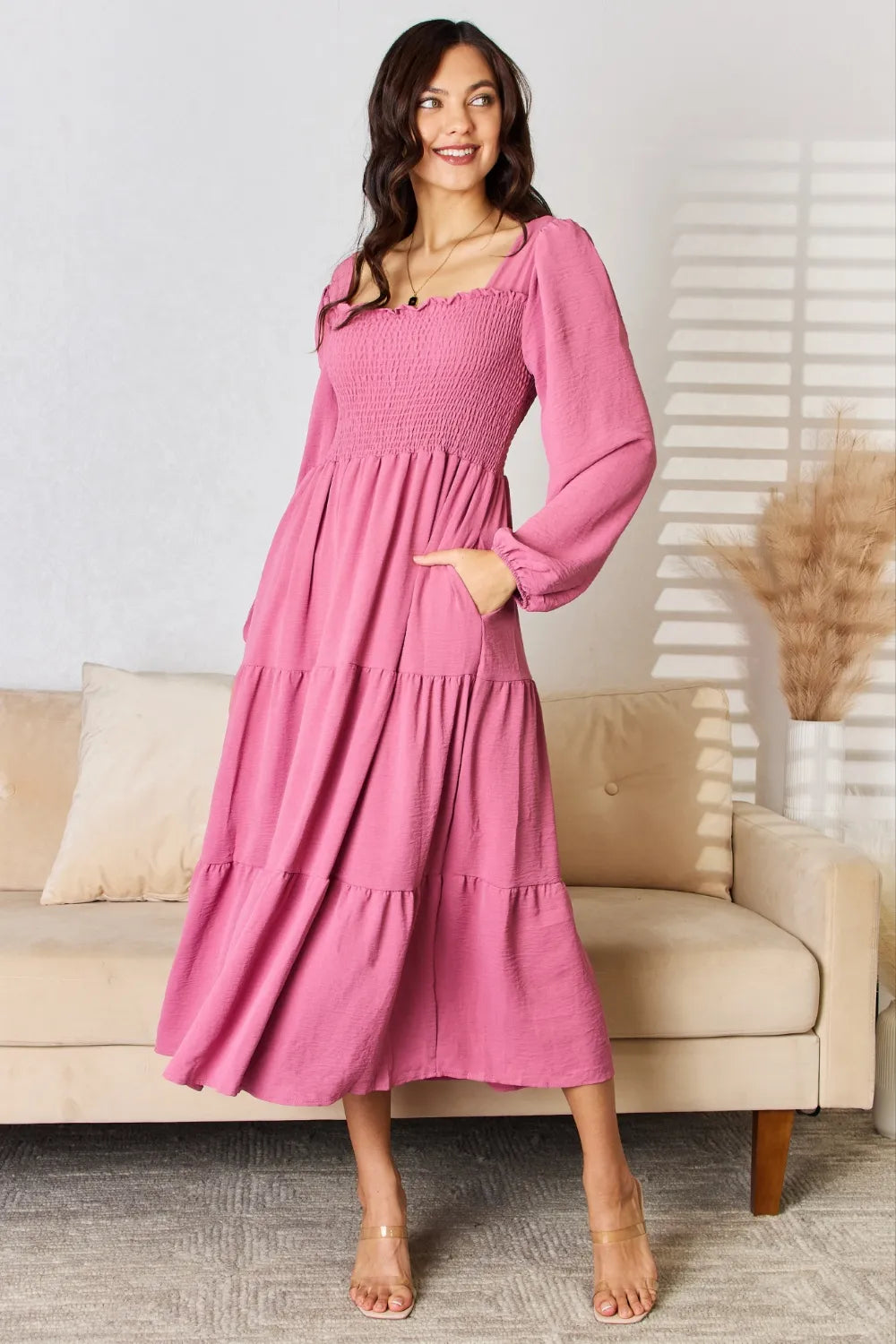 Full Size Ruffle Trim Smocked Tiered Dress in Medium Rose - product view 3