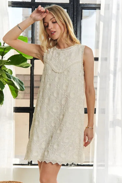 Applique Round Neck Sleeveless Shift Dress in Beige - product view 2