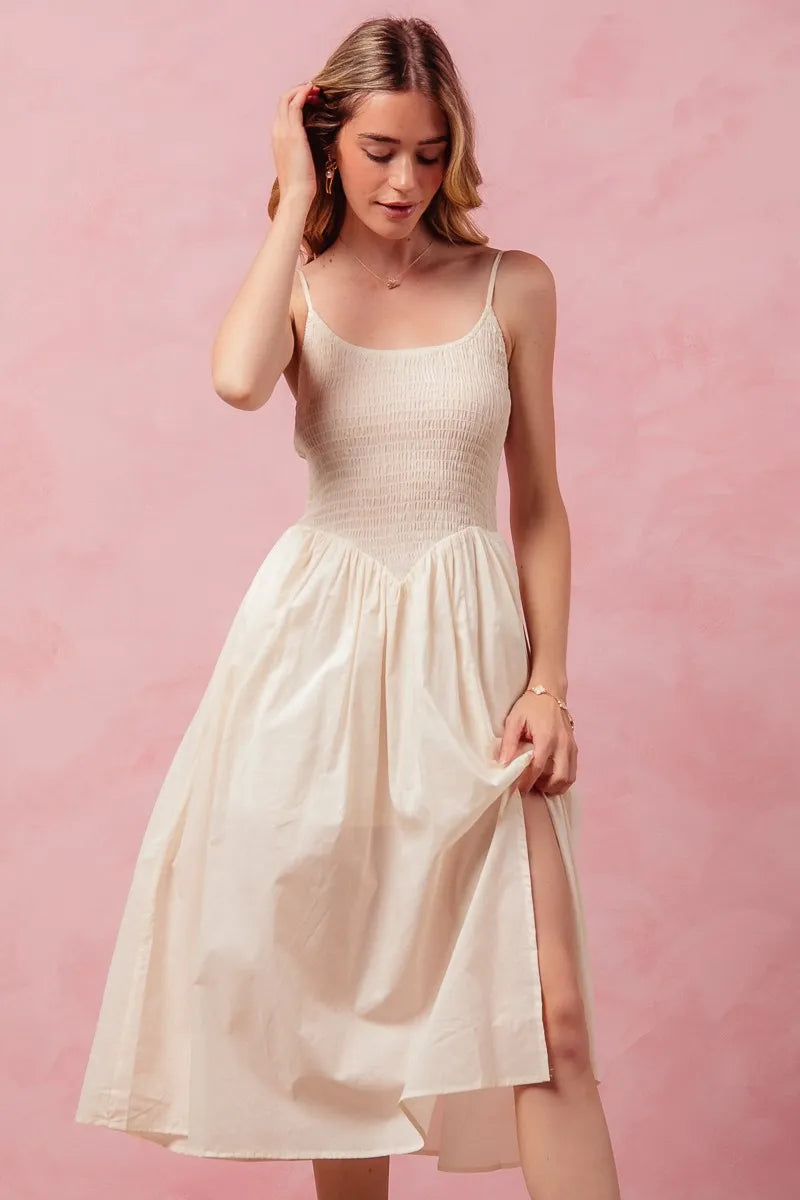 Smocked Sleeveless Casual Everyday Dress With Slit - Cream - product view 3
