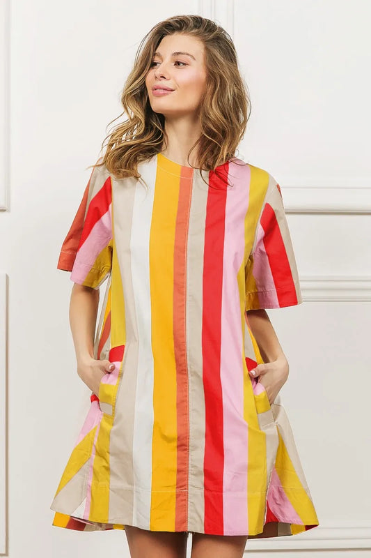 Multi Stripe Woven Flared Midi Dress in Must/Oatmeal/Scarlet - product view 1
