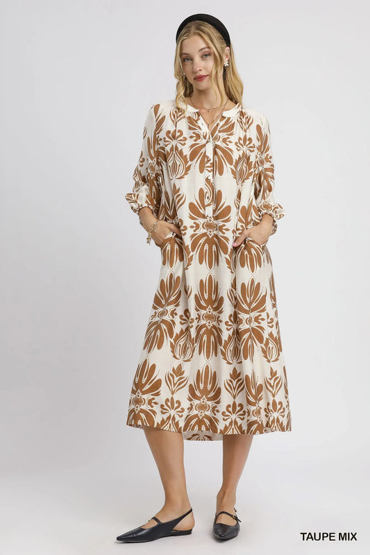 Mix Abstract Floral Print Midi Dress - Taupe Mix - product view 2