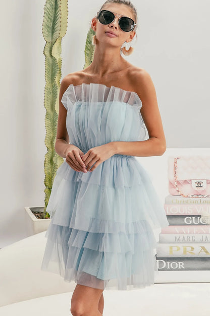 Sleeveless Layered Organza Dress in Sky Blue - product view 12