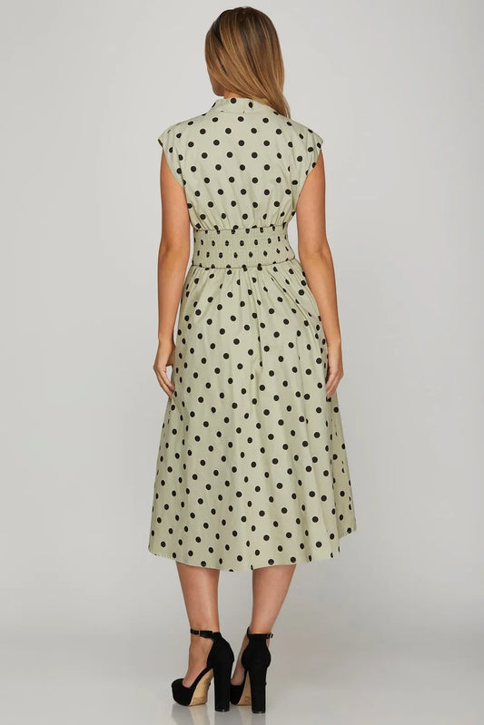 Front Zip Polka Dots Cap Sleeve Midi Dress - Sage - product view 2