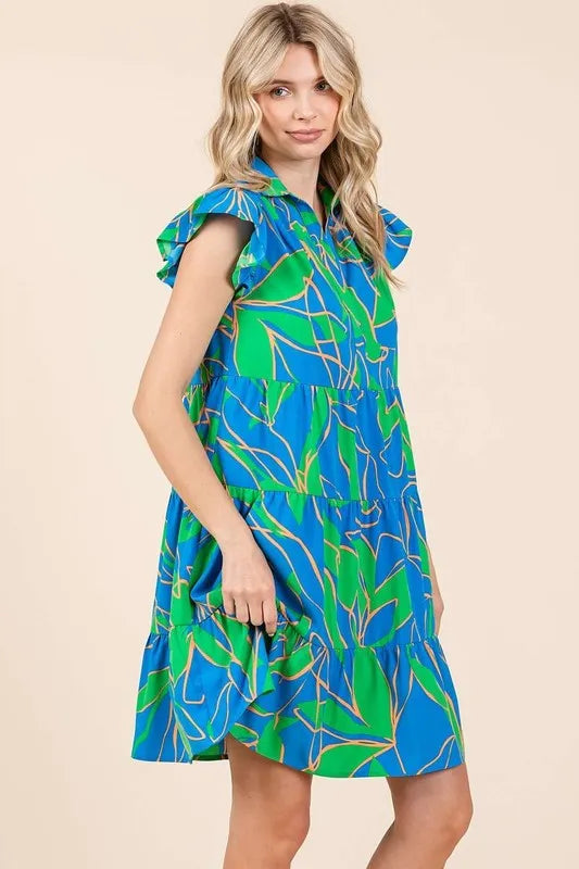 Leaf Print Ruffle Sleeve Tiered Mini Dress - Blue - product view 5