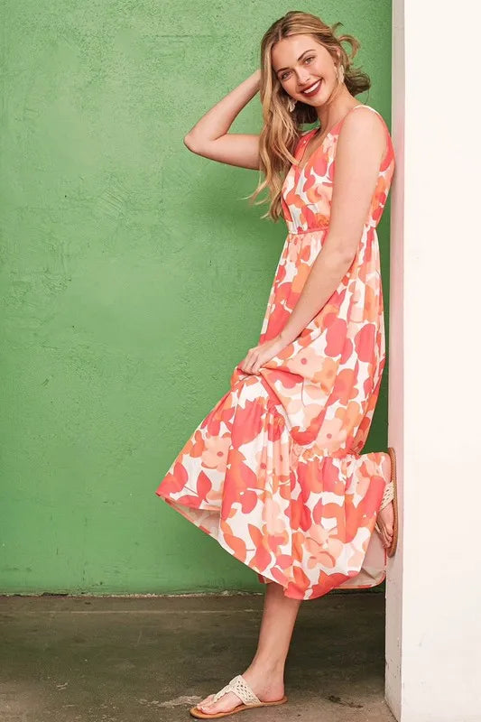 Sleeveless Floral Print V-Neck Midi Dress in Orange - product view 4