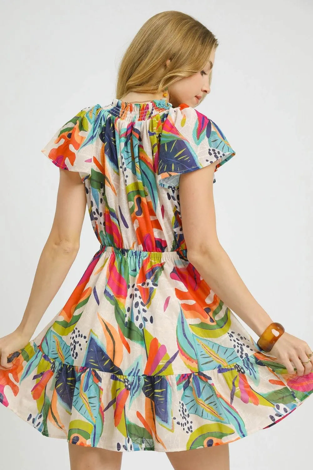 Printed Tie Neck Ruffled Hem Dress in Orange - product view 4