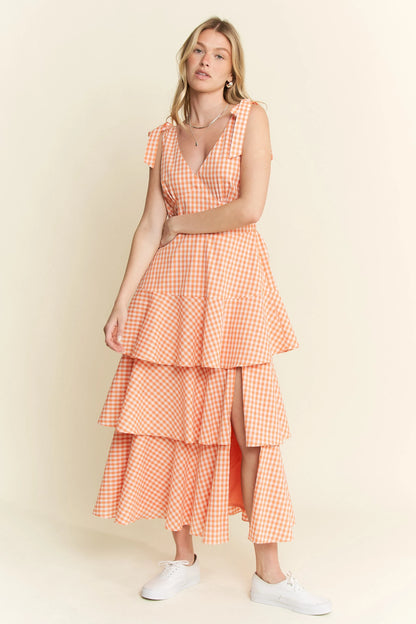Sleeveless Gingham Print Tiered Midi Dress in Orange - product view 2