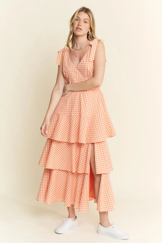 Sleeveless Gingham Print Tiered Midi Dress in Orange - product view 2