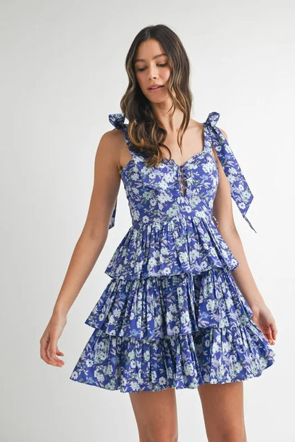 Floral Print Shoulder Tie Layered Mini Dress - Royal Blue - product view 2