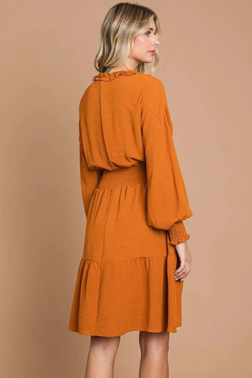 Full Size Frill Smocked Lantern Sleeve Mini Dress in Ginger - product view 2