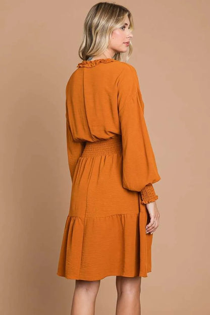 Full Size Frill Smocked Lantern Sleeve Mini Dress in Ginger - product view 2