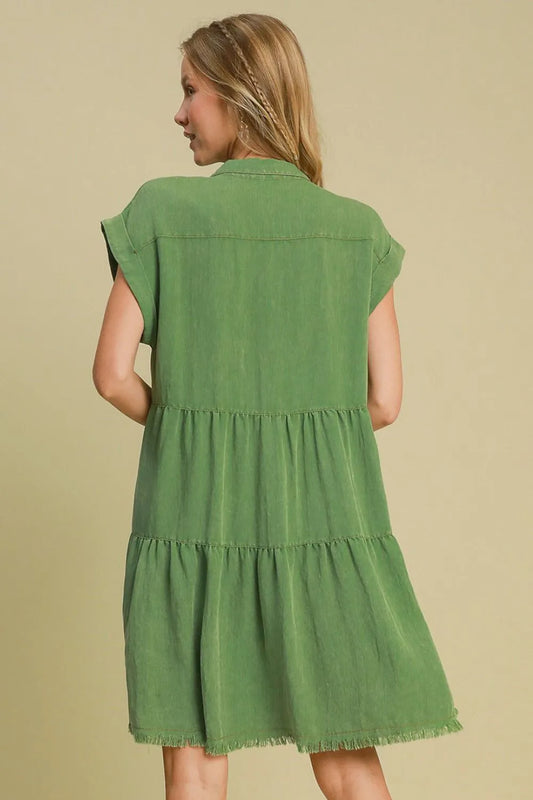 Full Size Frayed Hemline Button Down Shirt Dress Plus Size in Green - product view 2