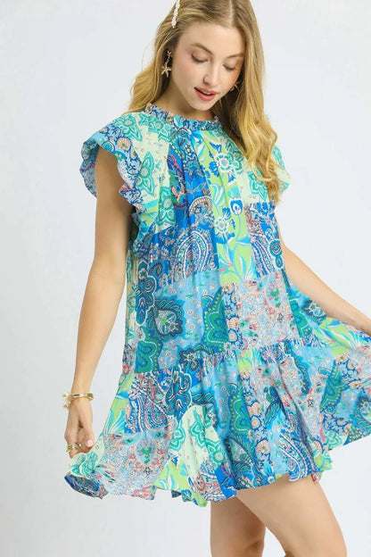 Printed Ruffle Cap Sleeve Mini Dress - Neon Green - product view 1