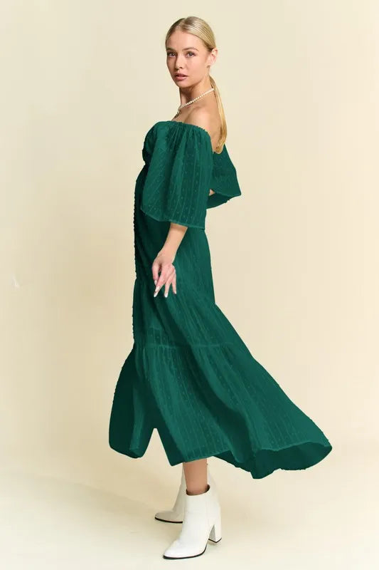 Swiss Dotted Ruched Ruffle Open Back Midi Dress in Forest Green - product view 2