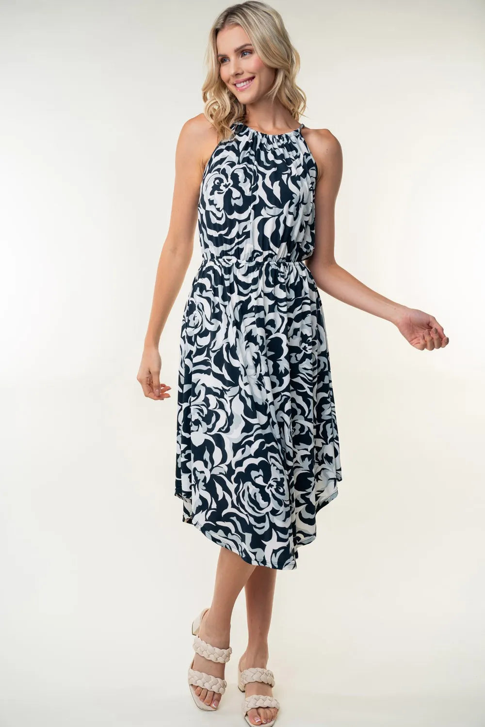 Tied Ruched Floral Sleeveless Knee Length Dress in Black - product view 1