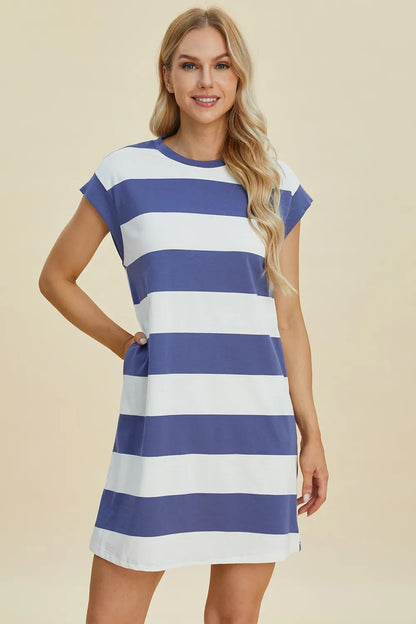 Full Size Striped Round Neck Cap Sleeve Mini Dress in Black, Camel and Dusty Blue - product view 16