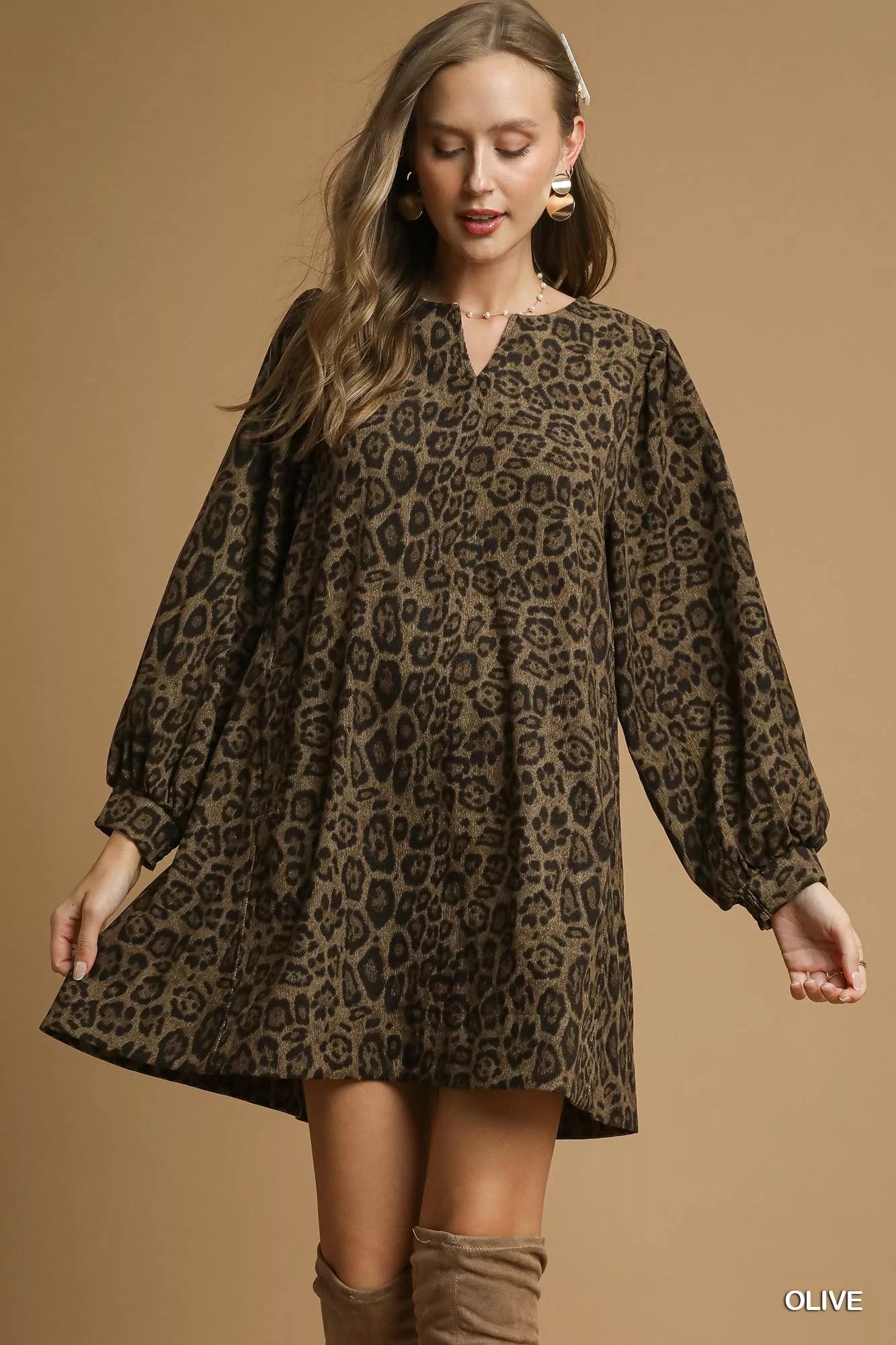 Leopard Print Long Sleeve Swing Dress in Olive - product view 1