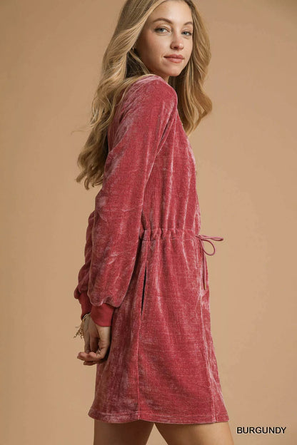 Velour Drawstring Mini Dress with Long Sleeves - Burgundy - product view 2