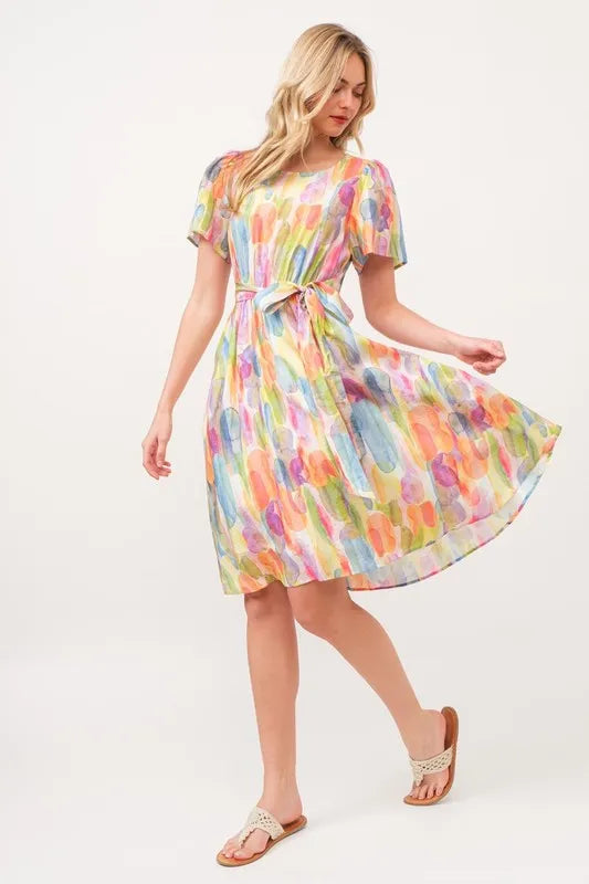 Watercolor Print Tie Front Midi Dress - Orange Combo - product view 3