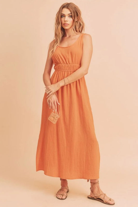 Side Slit Round Neck Sleeveless Tank Dress - Tangerine - product view 1