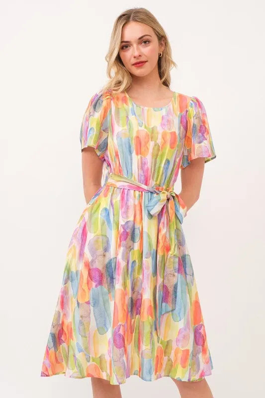 Watercolor Print Tie Front Midi Dress - Orange Combo - product view 4